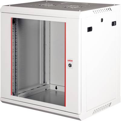Un rack serveur en métal blanc avec une porte en verre, des bordures rouges et une poignée verrouillable, conçu pour le stockage sécurisé d'équipements électroniques.