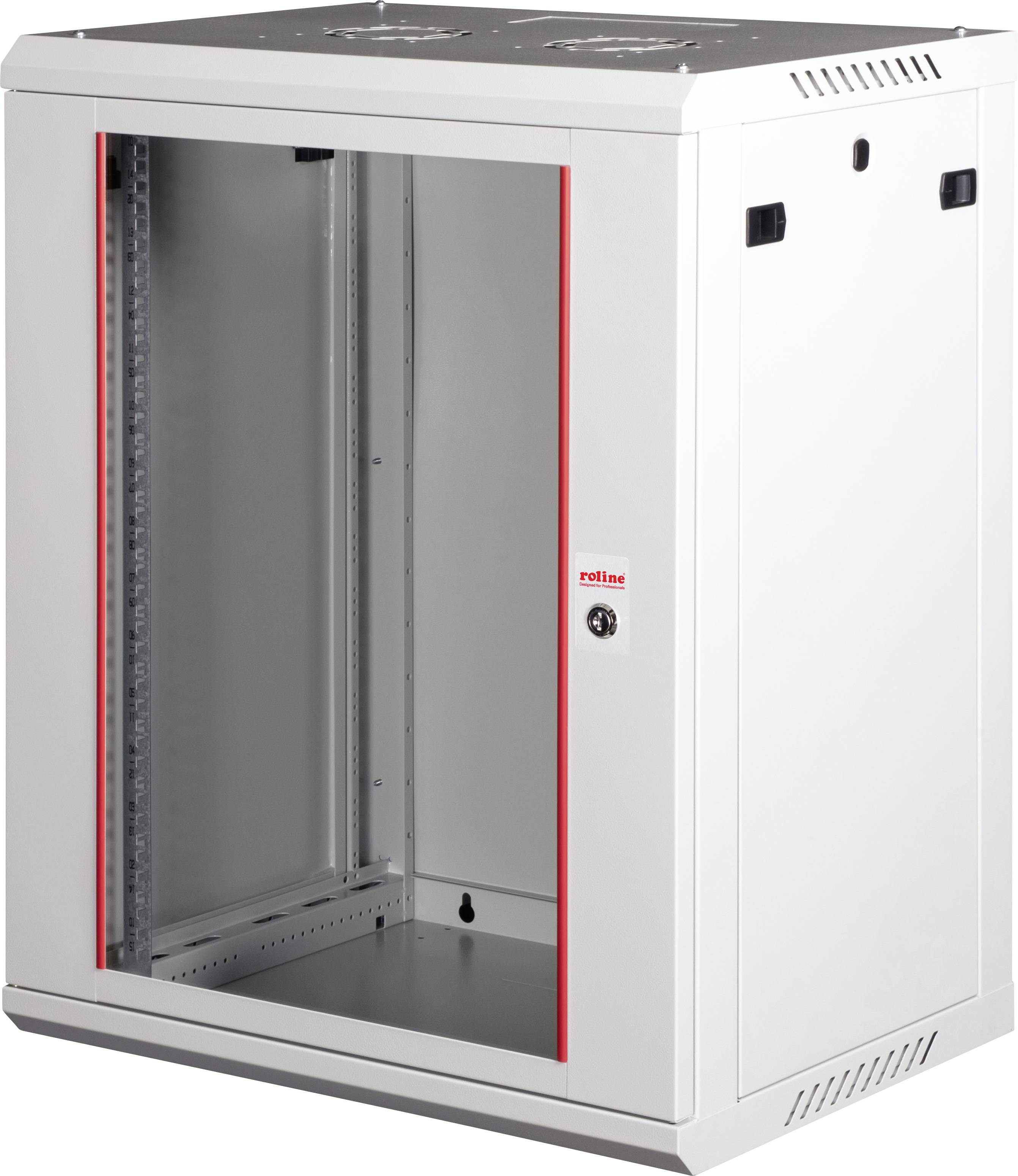 Une armoire de baie serveur en métal avec une porte avant en verre, des serrures et des panneaux de ventilation ; conçue pour héberger des équipements serveur électroniques.