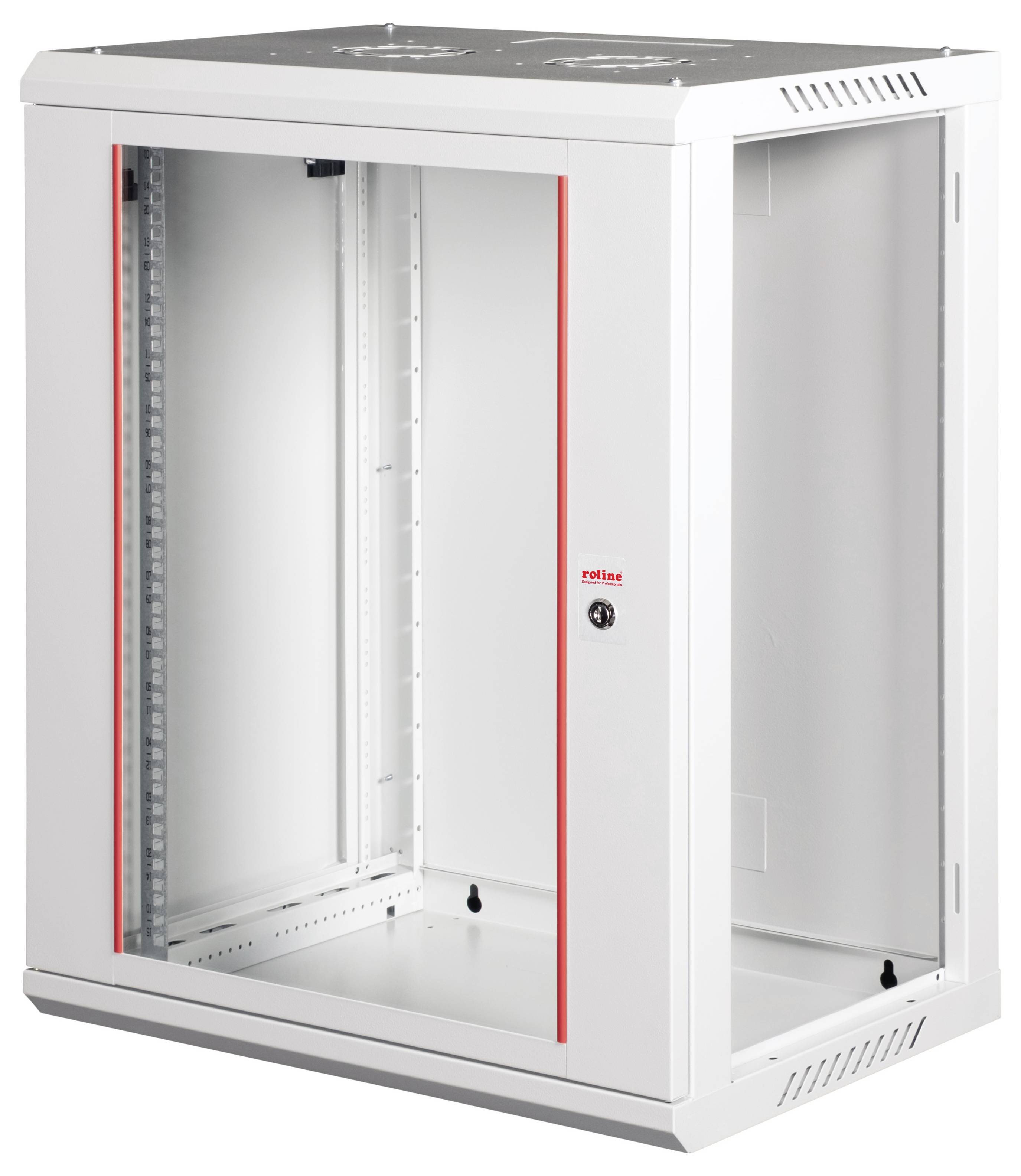 Une armoire de serveur blanche et vide, dotée d'une porte vitrée, d'un panneau supérieur ventilé et de détails rouges, est ouverte, révélant ses supports de montage intérieurs.