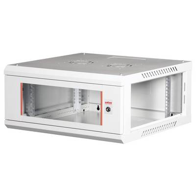 Une petite armoire réseau murale blanche avec une porte en verre et des fentes de ventilation sur les côtés, utilisée pour abriter des équipements électroniques.