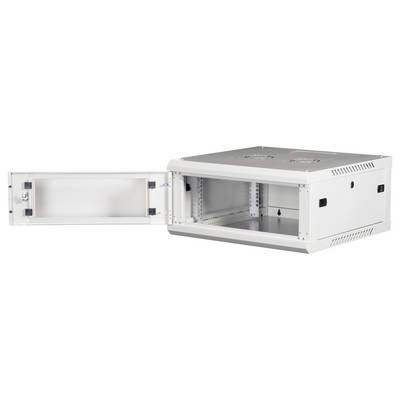 Un rack serveur métallique ouvert et vide, avec une porte latérale sur la gauche, montrant des rails de montage intérieurs et des trous de ventilation.