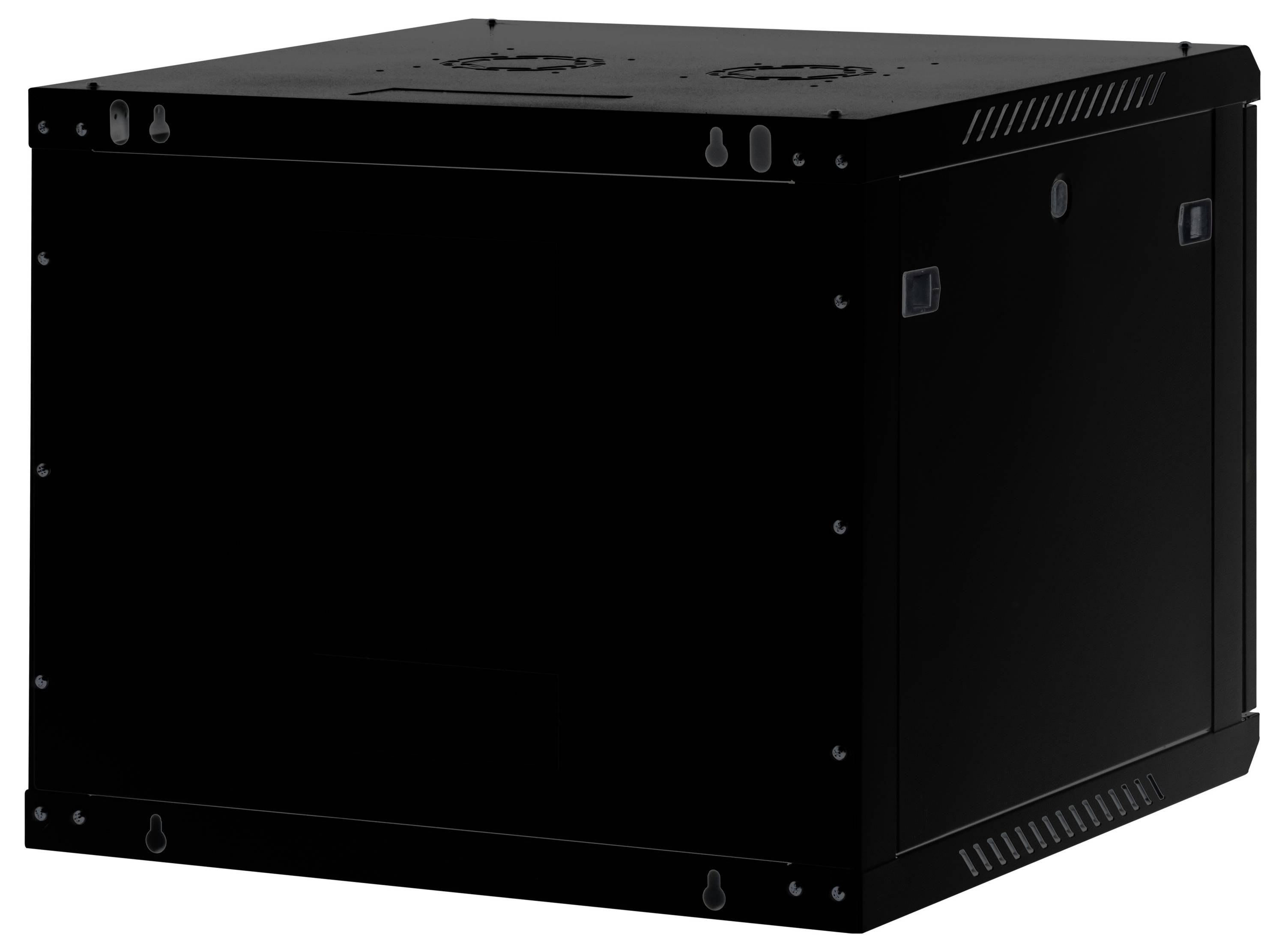 Un boîtier de rack serveur rectangulaire noir avec des trous de ventilation sur le dessus, adapté pour abriter du matériel électronique ou des serveurs.