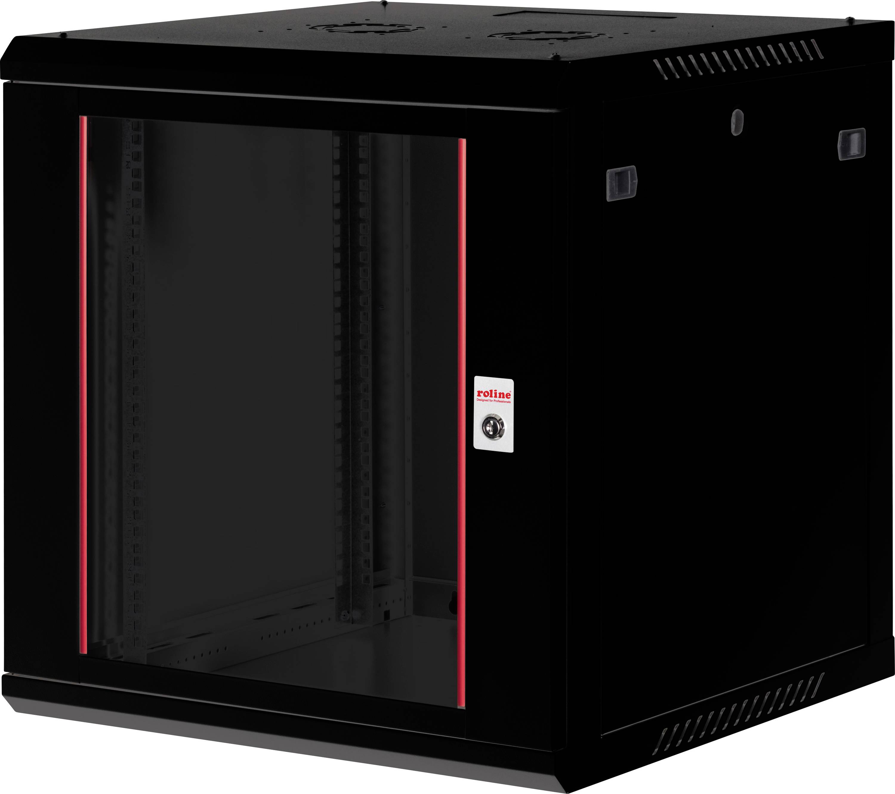 Un rack serveur mural noir avec une porte transparente et un contour rouge, adapté pour héberger du matériel réseau dans des environnements informatiques.