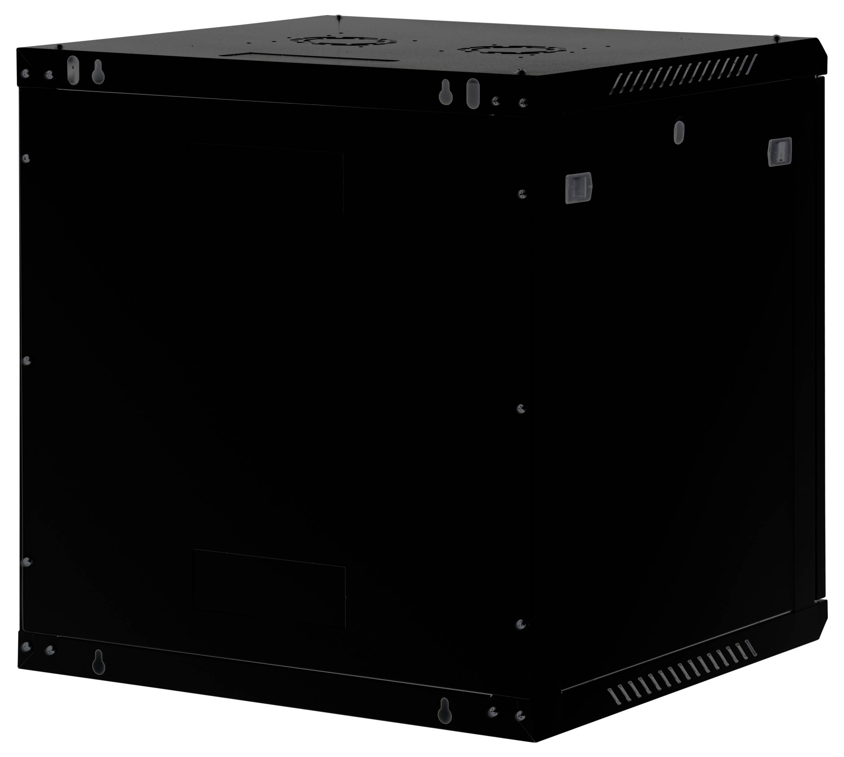 Un boîtier industriel noir en forme de cube, doté de trous de ventilation et de vis, conçu pour abriter du matériel électronique ou des machines.