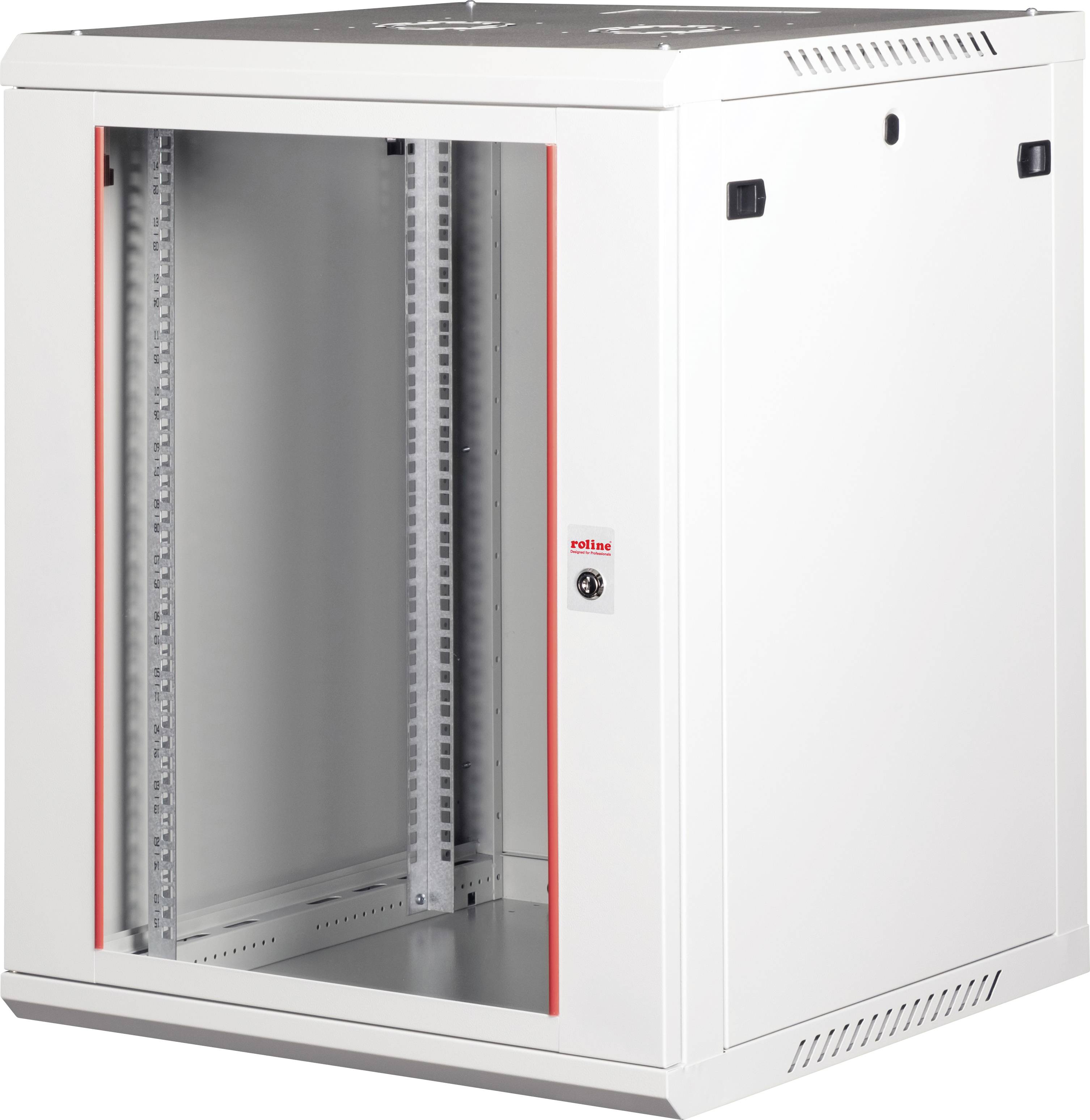 Un rack serveur en métal blanc avec une porte transparente, des bordures rouges et une serrure, conçu pour héberger des serveurs informatiques et du matériel réseau.