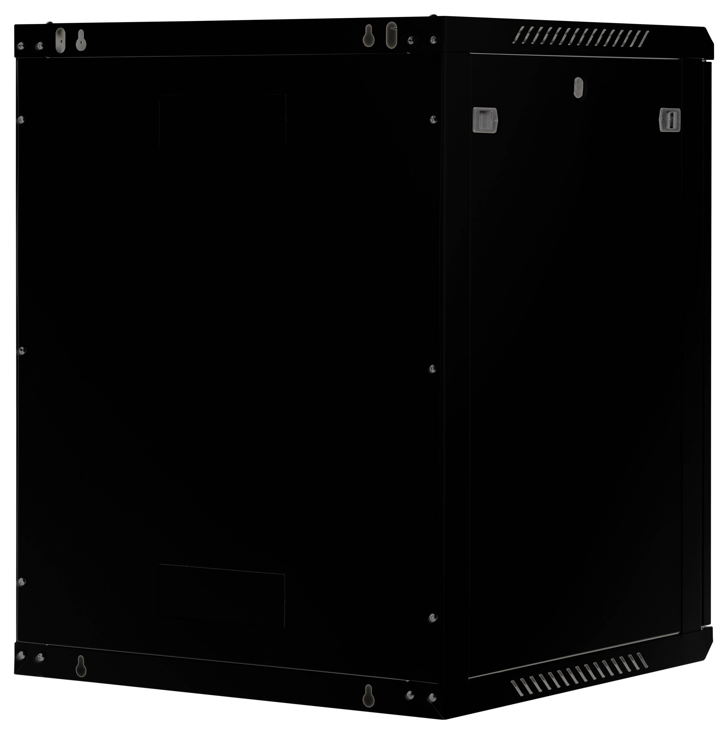 Un rack serveur rectangulaire noir avec des vis apparentes et des fentes de ventilation sur les côtés, posé sur une surface réfléchissante.