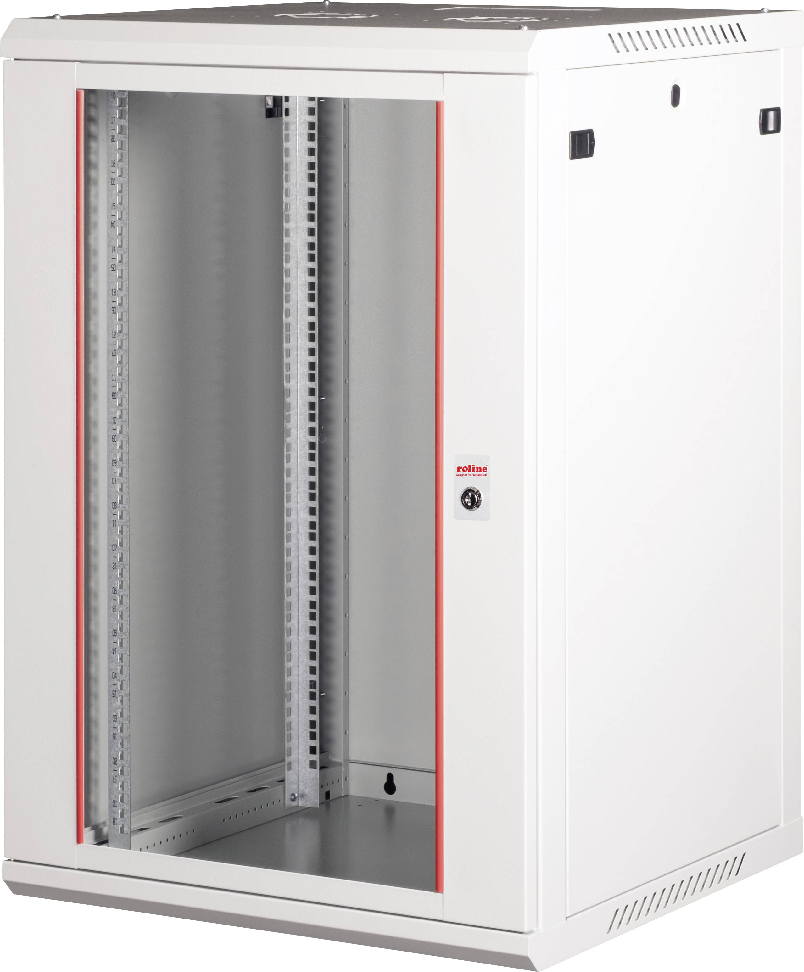 Un rack de serveur en métal blanc avec une porte avant en verre, montrant un intérieur vide adapté à l'installation d'équipements réseau.