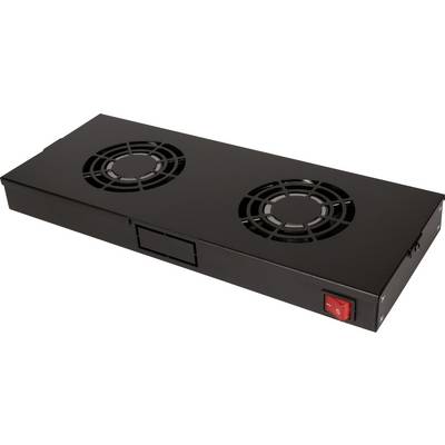 Un ventilateur de refroidissement rectangulaire noir avec deux ventilateurs circulaires et un interrupteur de mise en marche rouge sur le côté, utilisé pour la ventilation d'équipements électroniques.