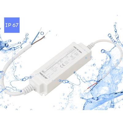Un bloc d'alimentation étanche est présenté avec des éclaboussures d'eau autour de lui. Une étiquette indique « IP 67 », signalant une haute résistance à l'eau et à la poussière.