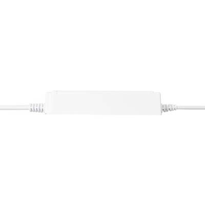 Un connecteur ou adaptateur blanc avec deux câbles attachés, positionné horizontalement contre un fond blanc.