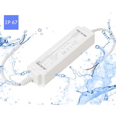 Un pilote LED étanche avec classement IP67, entouré d'éclaboussures d'eau, indiquant son aptitude aux environnements humides ou extérieurs.