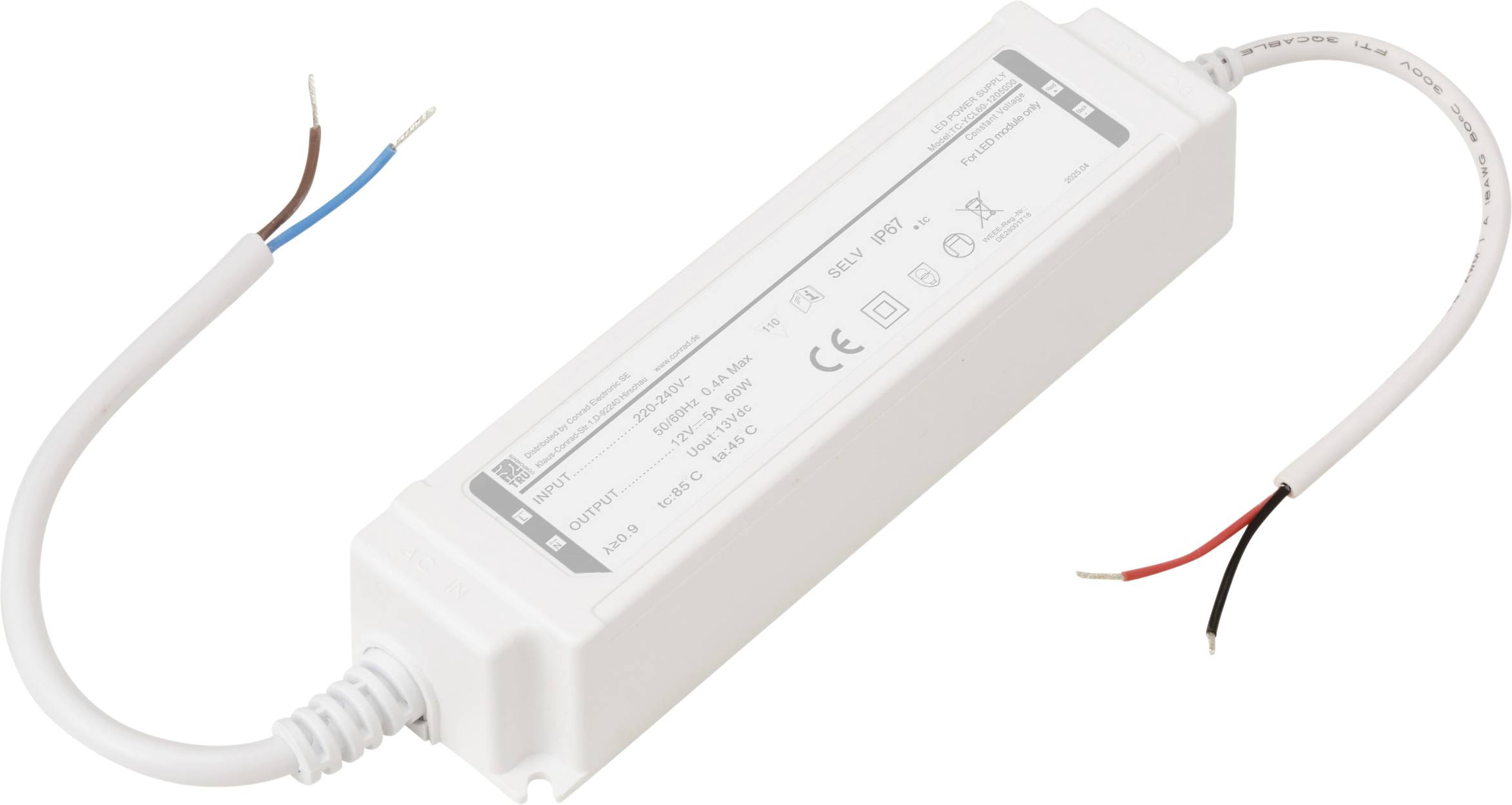 Pilote de LED rectangulaire blanc avec spécifications étiquetées, présentant deux fils à chaque extrémité pour les connexions électriques.