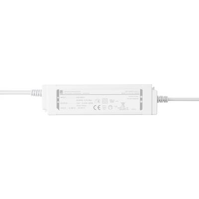 Un pilote de LED blanc avec des spécifications d'entrée/sortie, des marques de certification et des avertissements de sécurité est présenté, principalement utilisé pour l'éclairage.
