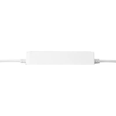 Un dispositif électronique rectangulaire blanc avec deux câbles connectés de chaque côté, probablement un adaptateur ou un connecteur, sur un fond uni.