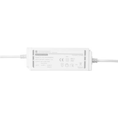 Alimentation pour LED blanches avec différentes spécifications étiquetées, incluant les détails d'entrée et de sortie, les certifications de sécurité et le numéro de modèle.