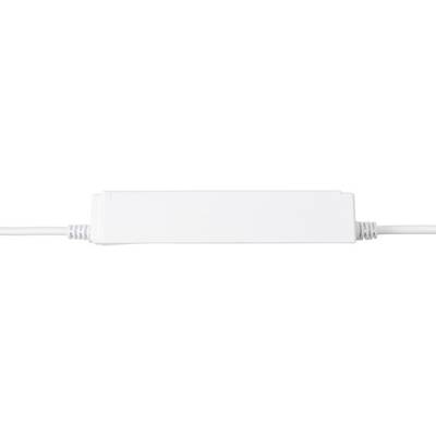 Un boîtier électrique rectangulaire blanc avec des fils qui sortent de chaque côté.