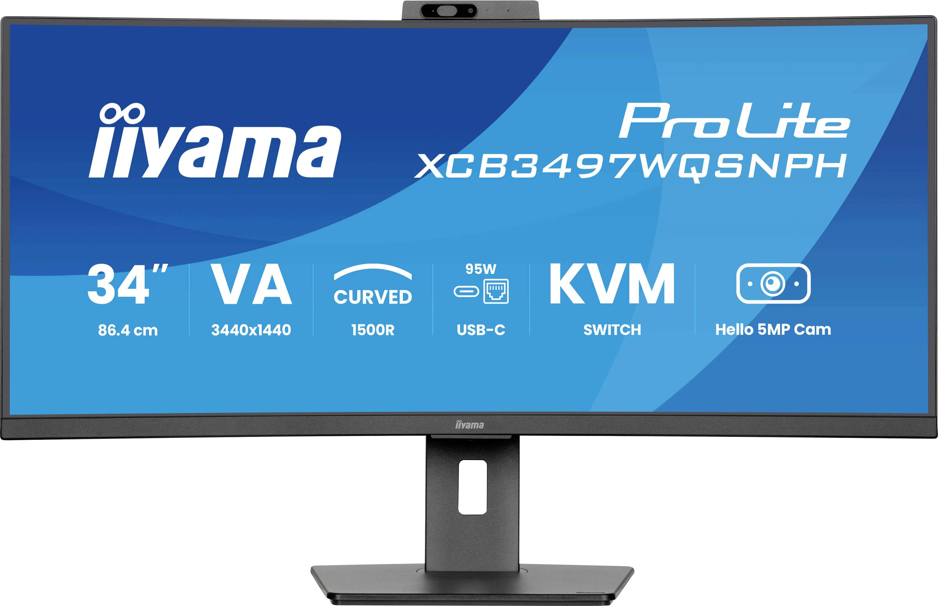 Moniteur incurvé VA de 34" avec résolution 3440x1440, USB-C, commutateur KVM, 95W et caméra 5MP. Modèle : iiyama ProLite XCB3497WQSNPH.