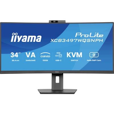 Moniteur incurvé VA de 34" avec résolution 3440x1440, USB-C, commutateur KVM, 95W et caméra 5MP. Modèle : iiyama ProLite XCB3497WQSNPH.