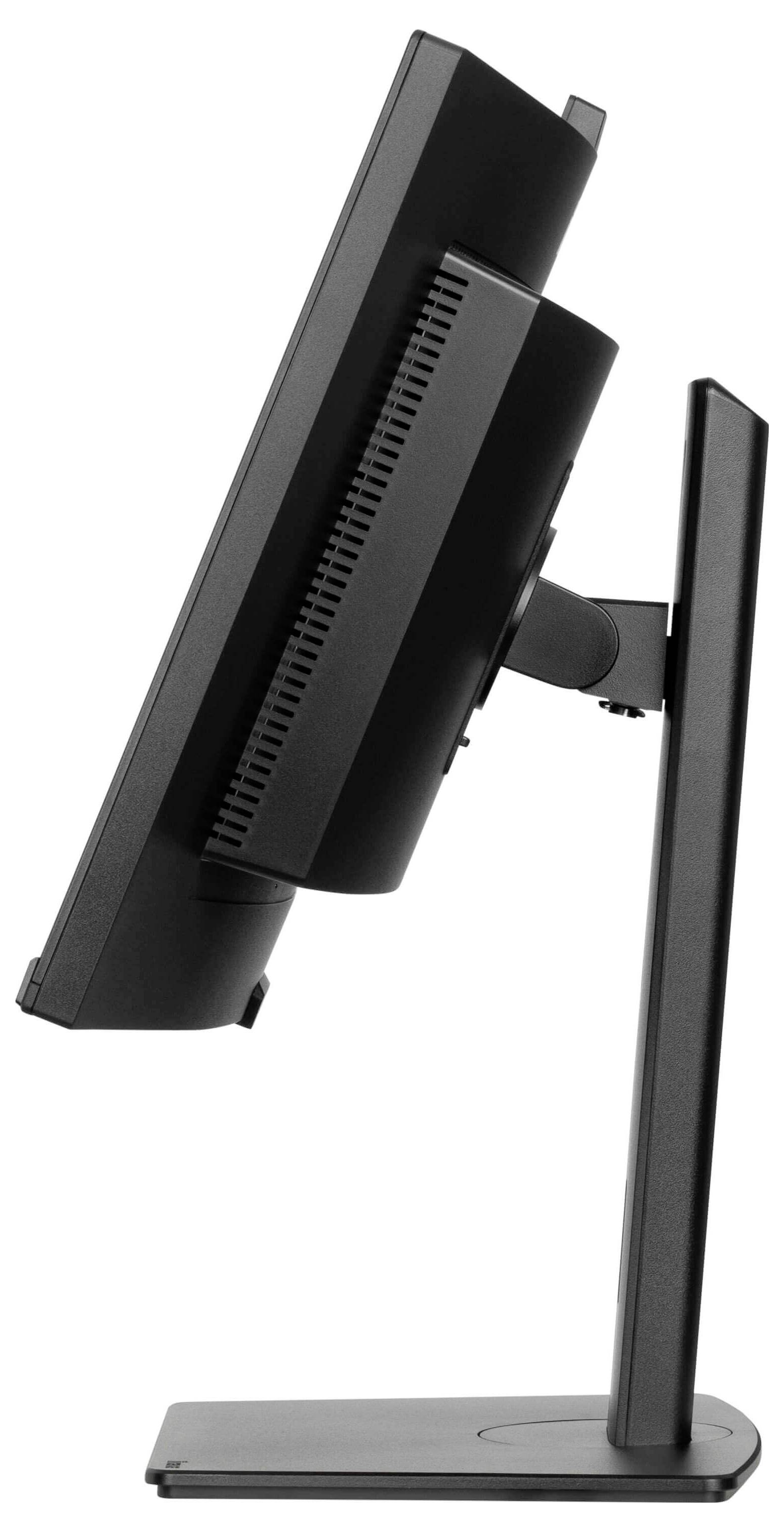 Moniteur d'ordinateur noir vu de côté, réglable verticalement sur un socle stable. Aucune image visible à l'écran.