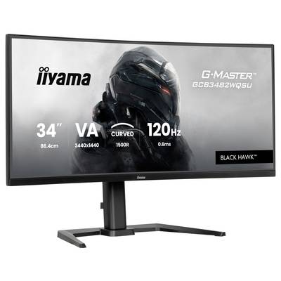 Un moniteur gaming incurvé de 34 pouces d'iiyama avec un taux de rafraîchissement de 120 Hz et un panneau VA. Modèle : G-Master GCB3482WQSU, série Black Hawk.