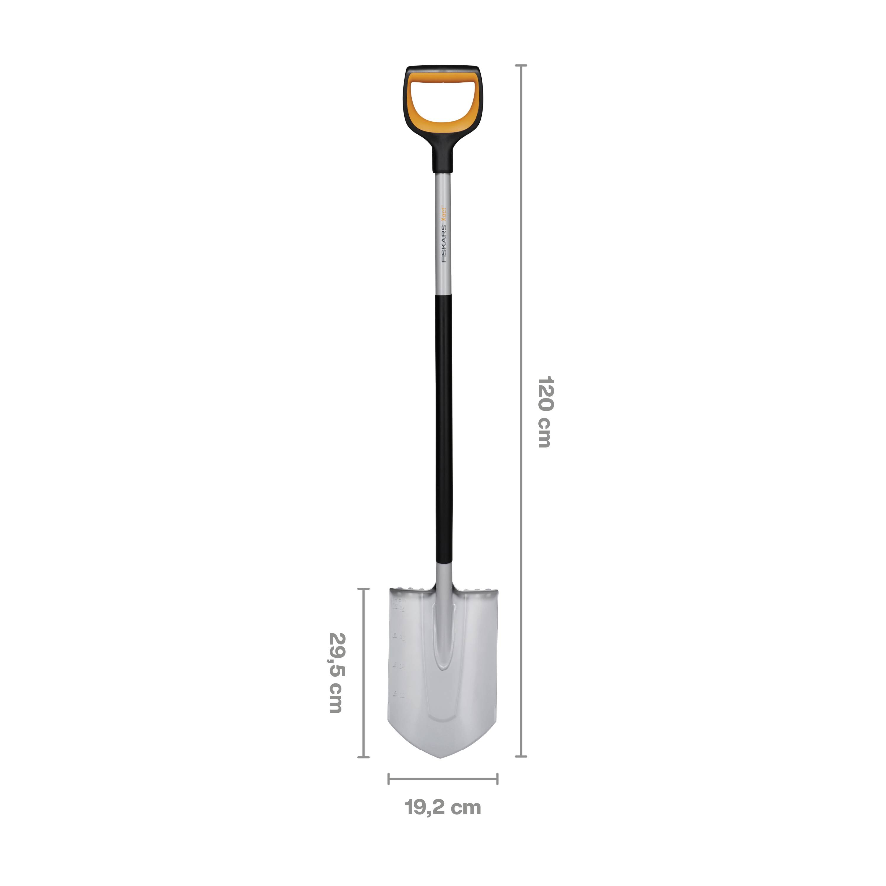 Une pelle avec une poignée ergonomique et un bord tranchant, longue de 120 cm. Dimensions : longueur totale 120 cm, lame de pelle 29,5 cm, largeur 19,2 cm.