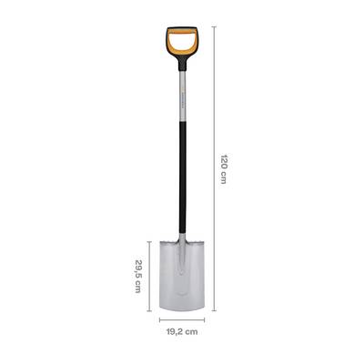 Sur l'image, on voit une pelle avec un manche noir et une lame d'argent. Les dimensions sont de 120 cm de long et 19,2 cm de largeur.
