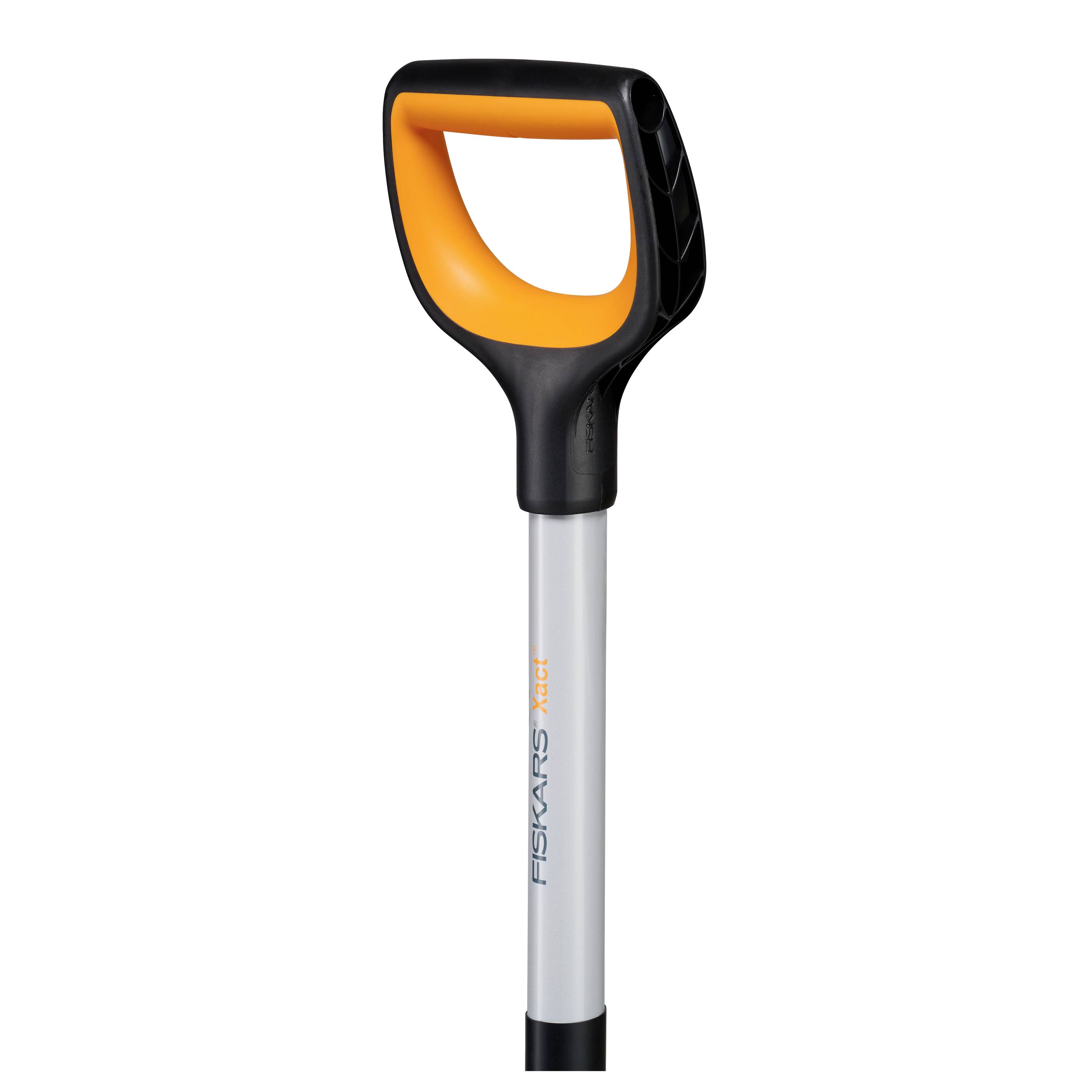 Une poignée au design orange et noir, portant l'inscription 'Fiskars'. Adaptée aux outils de jardinage.