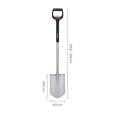 Une pelle avec une poignée ergonomique mesure 110,8-130 cm de long et possède une pelle de 29,5 cm de long et 19,2 cm de large.