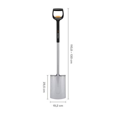 Pelle avec manche télescopique en métal, longueur 110,8-130 cm, lame de 19,2 cm, poignée en haut, design noir et gris.