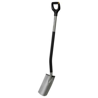 Une pelle d'argent avec un manche noir, adaptée aux travaux de jardinage.