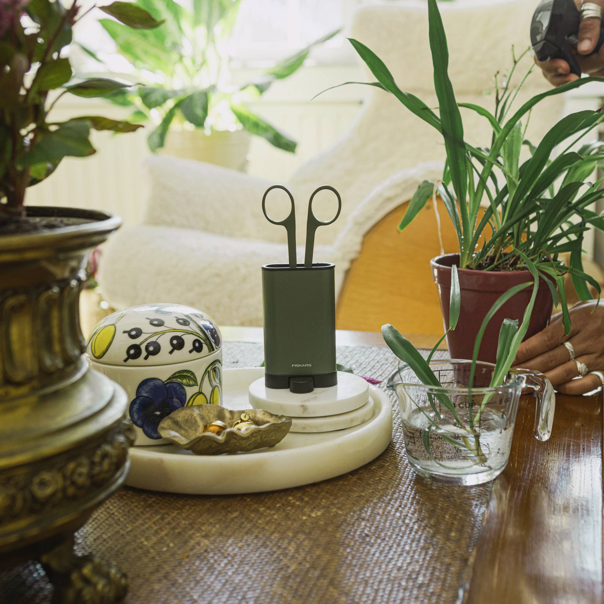Deux plantes et des objets décoratifs sur une table dans une pièce lumineuse. Une personne coupe une plante avec des ciseaux.