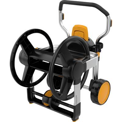 Un chariot de tuyau de jardin noir, mobile, avec des accents orange et une poignée de transport. Idéal pour le rangement des tuyaux.