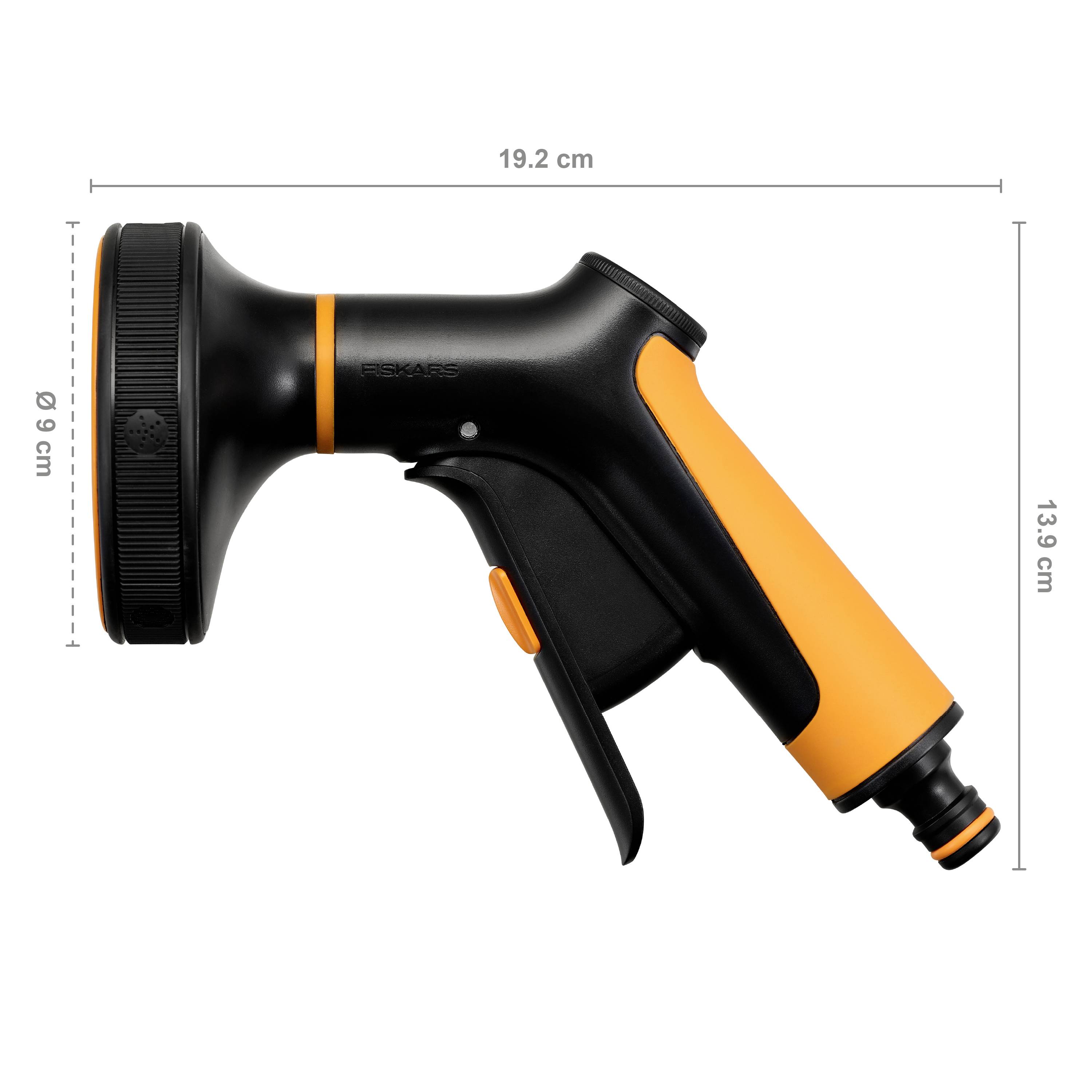Un pistolet pulvérisateur avec une poignée orange, des détails noirs et plusieurs fonctions. Dimensions : longueur 19,2 cm, diamètre 9 cm, hauteur 13,9 cm.