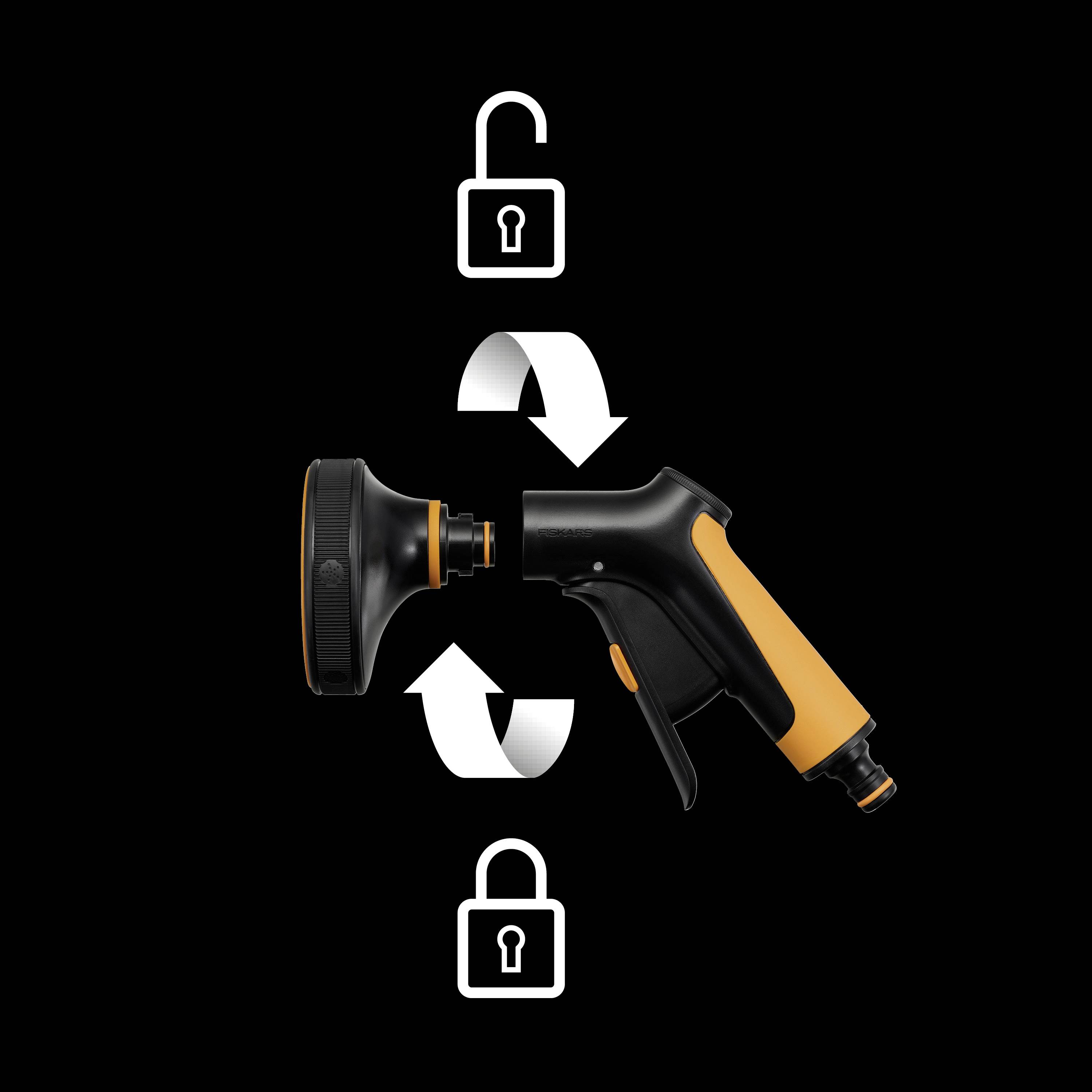 Pistolet à eau avec tête de pulvérisation amovible. Des symboles indiquent le verrouillage et le déverrouillage. Arrière-plan noir.