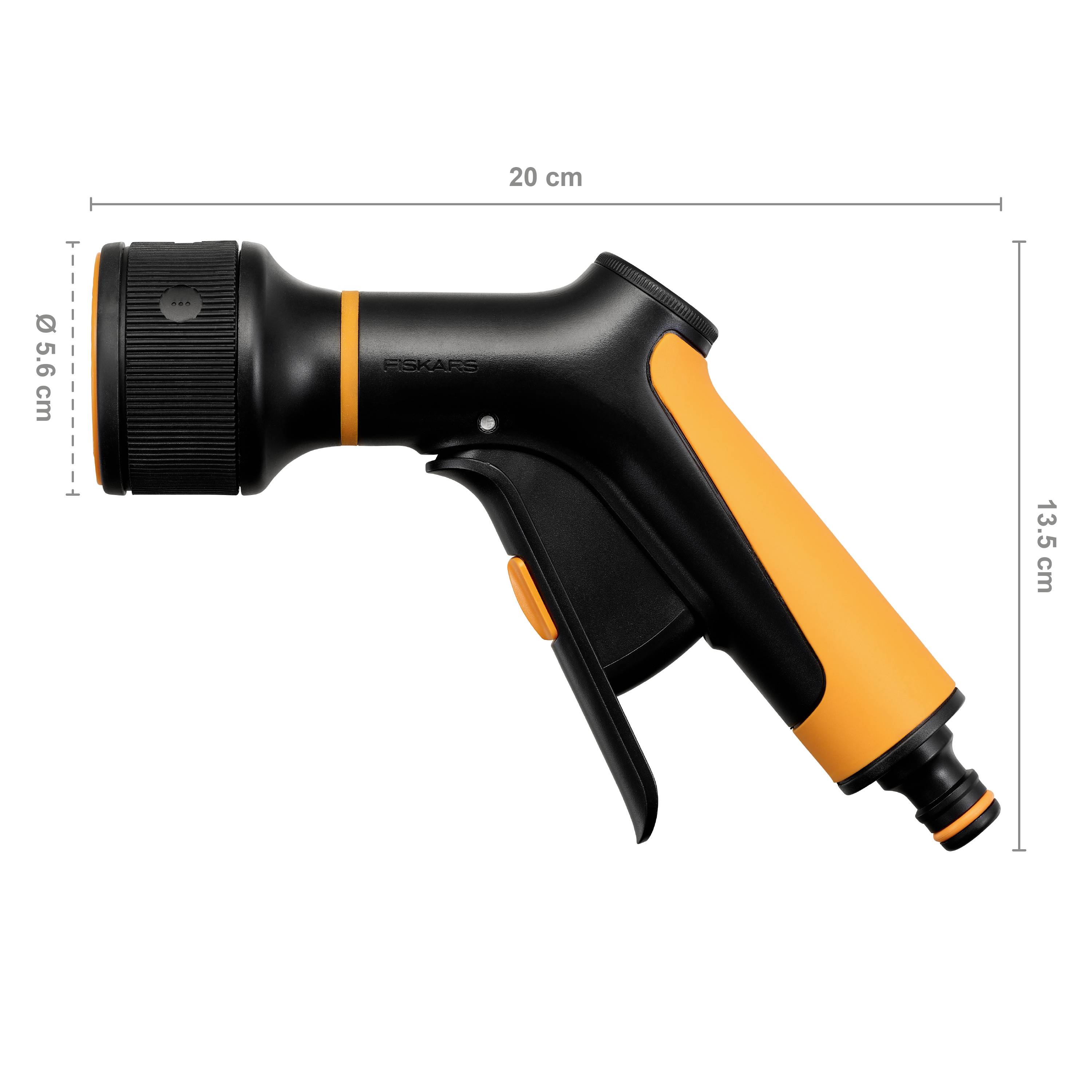 Buse de pulvérisation de jardin orange et noir avec poignée ergonomique et réglage du jet, long de 20 cm, diamètre de 5,6 cm, hauteur de 13,5 cm.