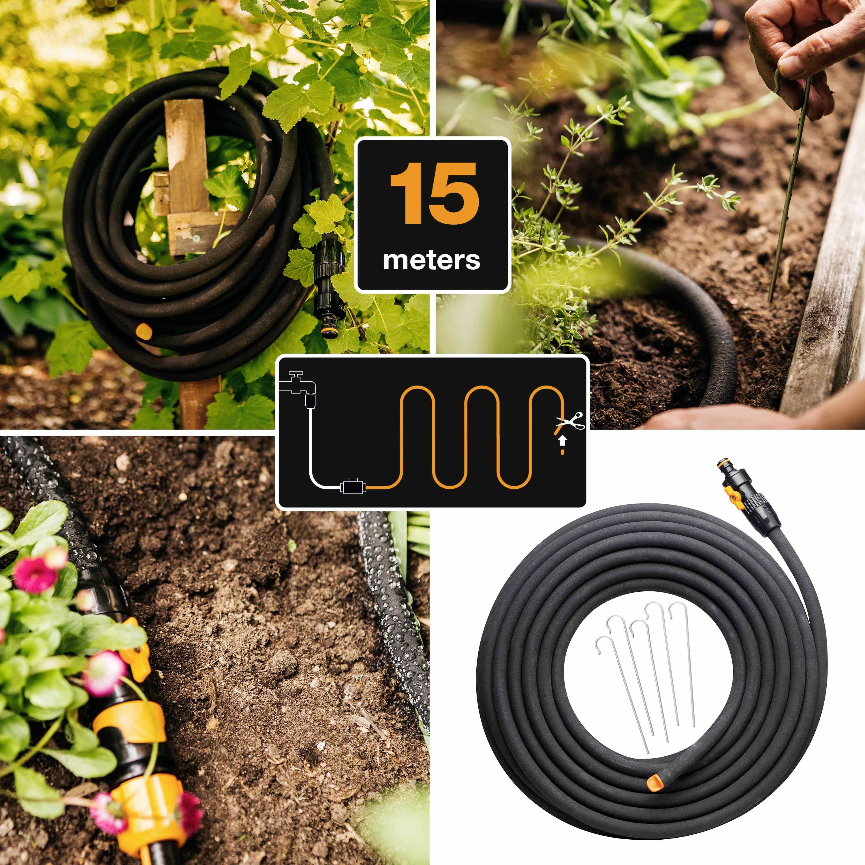 L'image présente un kit d'irrigation de 15 mètres comprenant un tuyau, des raccords et des piquets. Il est utilisé pour l'arrosage des plantes.