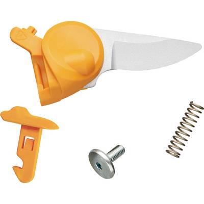 Un couteau de rechange orange avec partie de fixation, vis et ressort, utilisés pour les outils de jardinage.