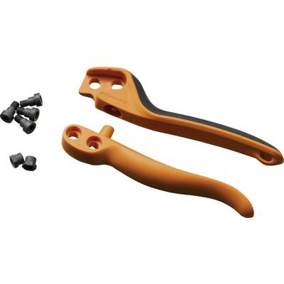 Deux démonte-pneus orange au design ergonomique accompagnés de plusieurs bouchons de valve noirs. Ils sont conçus pour la réparation de pneus de vélo.