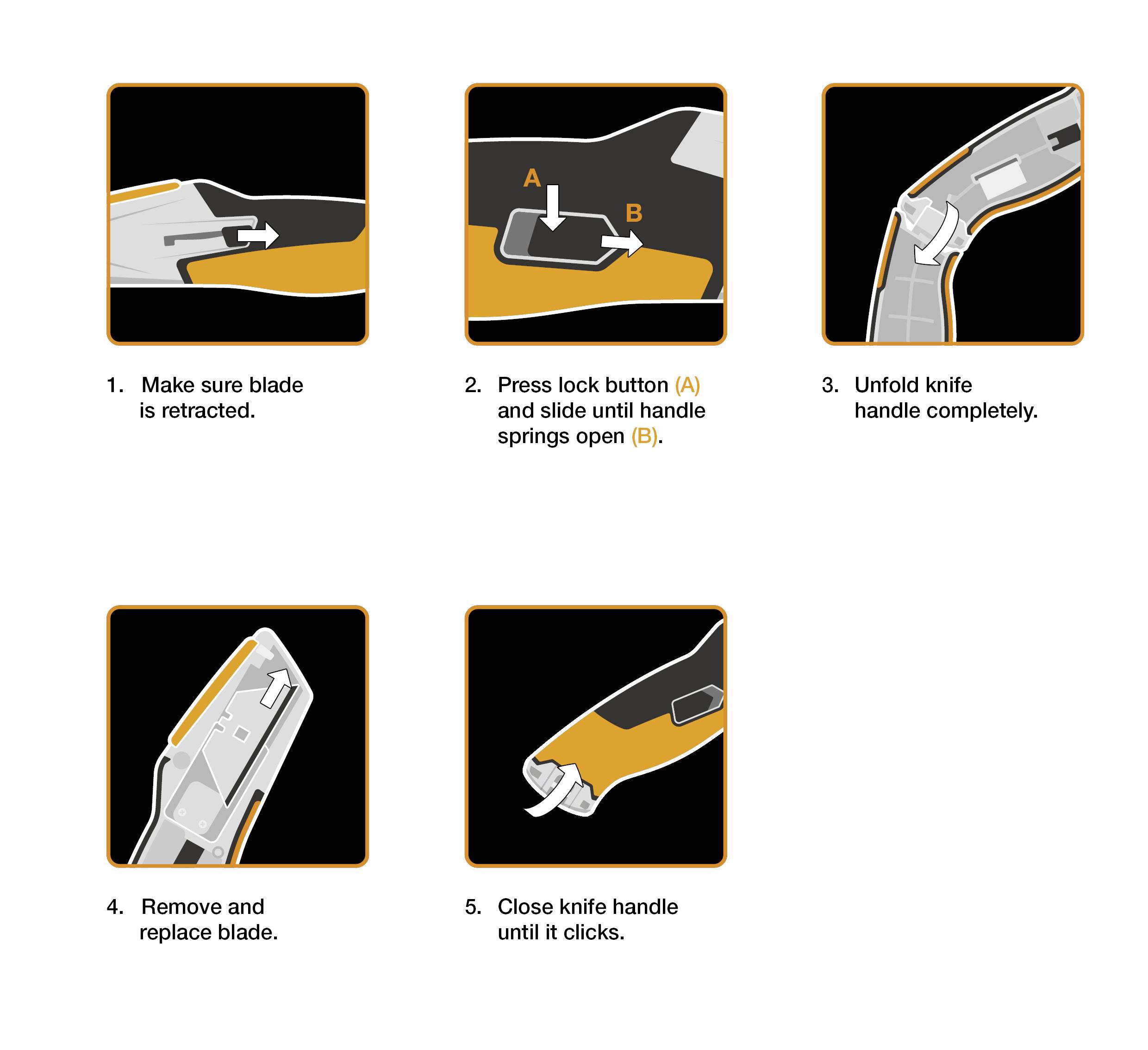 'Instructions pour l'ouverture d'un couteau pliant : 1. Rétracter la lame. 2. Appuyer sur le bouton (A) et faire glisser la poignée (B). 3. Déplier complètement la poignée. 4. Remplacer la lame. 5. Fermer la poignée.'