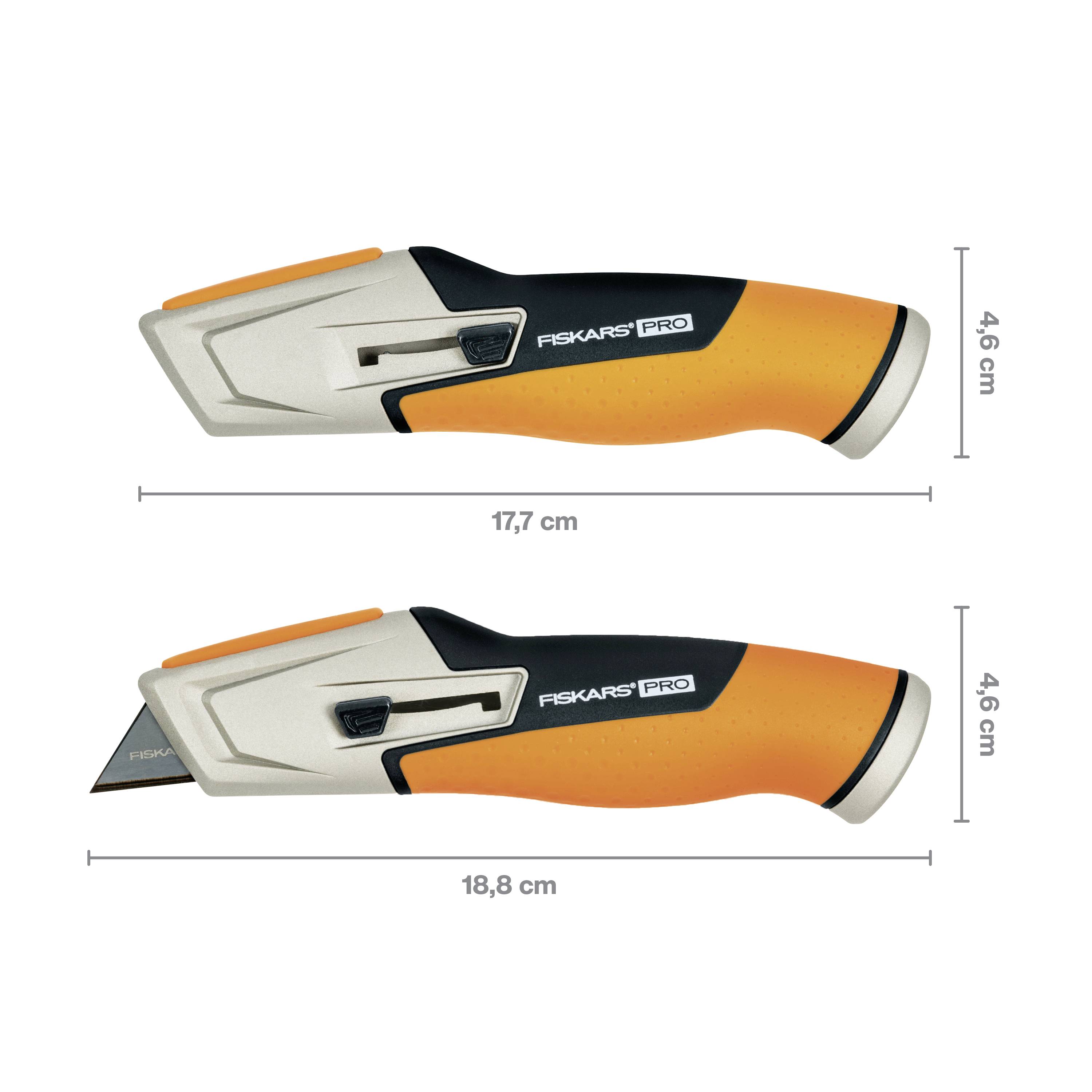 Couteau universel 'Fiskars Pro', longueur 17,7 cm et 18,8 cm, hauteur 4,6 cm. Présente l'état ouvert et fermé.