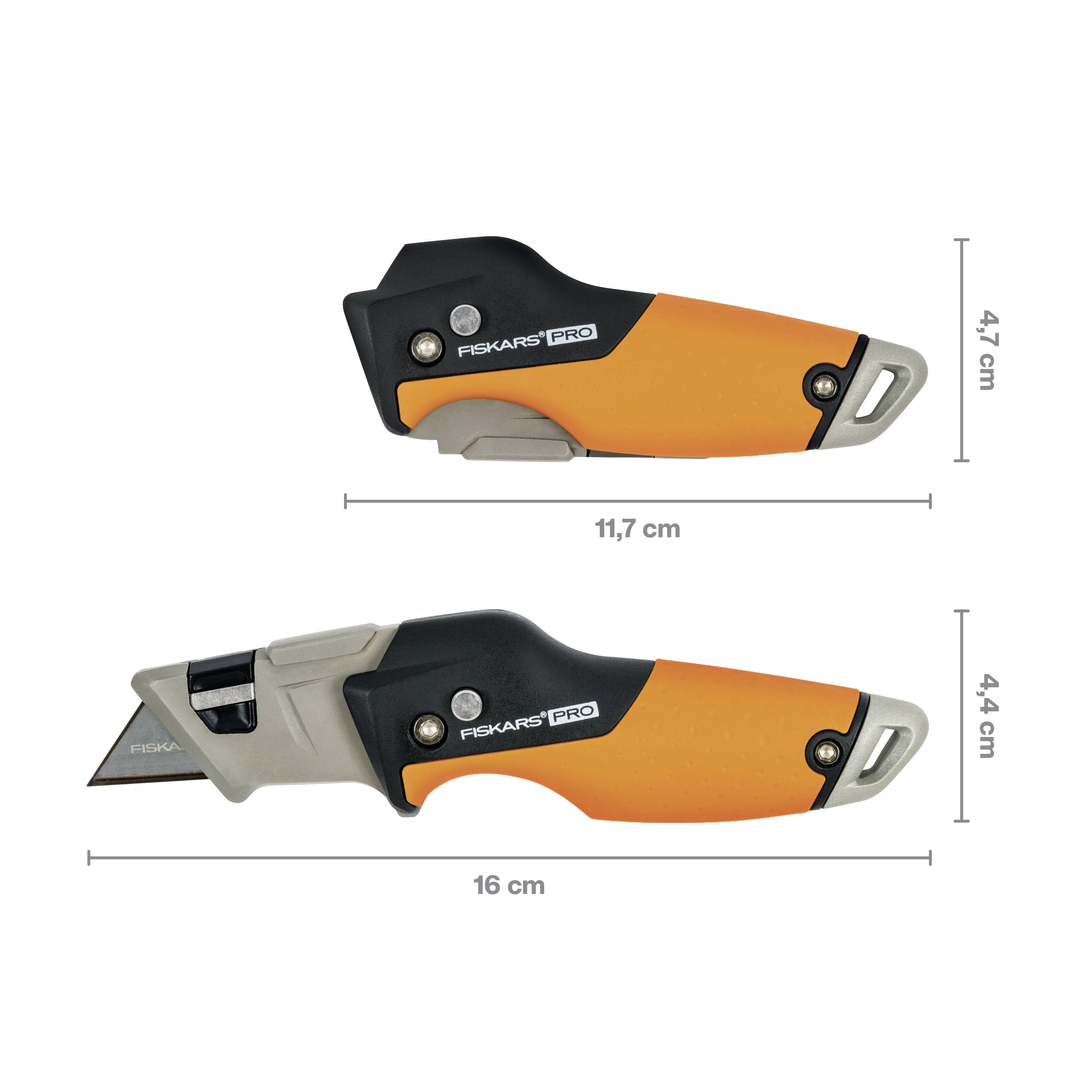 Couteau universel pliable orange et noir, déplié 16 cm, plié 11,7 cm, avec mécanismes de sécurité.