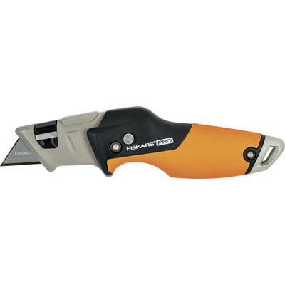 Un couteau utilitaire orange et noir avec poignée ergonomique et lame rétractable. Marque 'Fiskars Pro'.