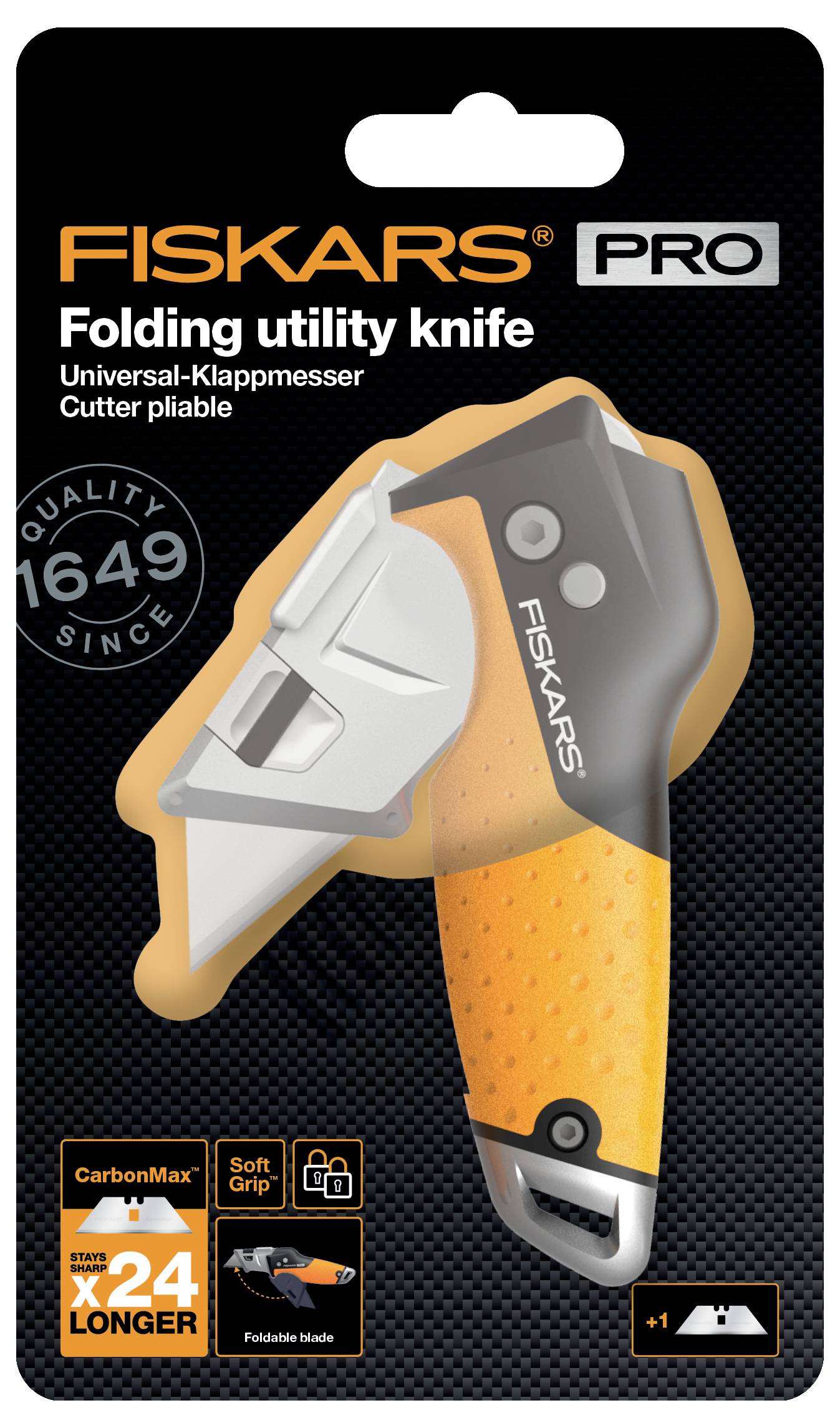 Fiskars Pro Couteau universel pliable dans son emballage. Point fort : Lame CarbonMax plus durable. Emballage mis en évidence.