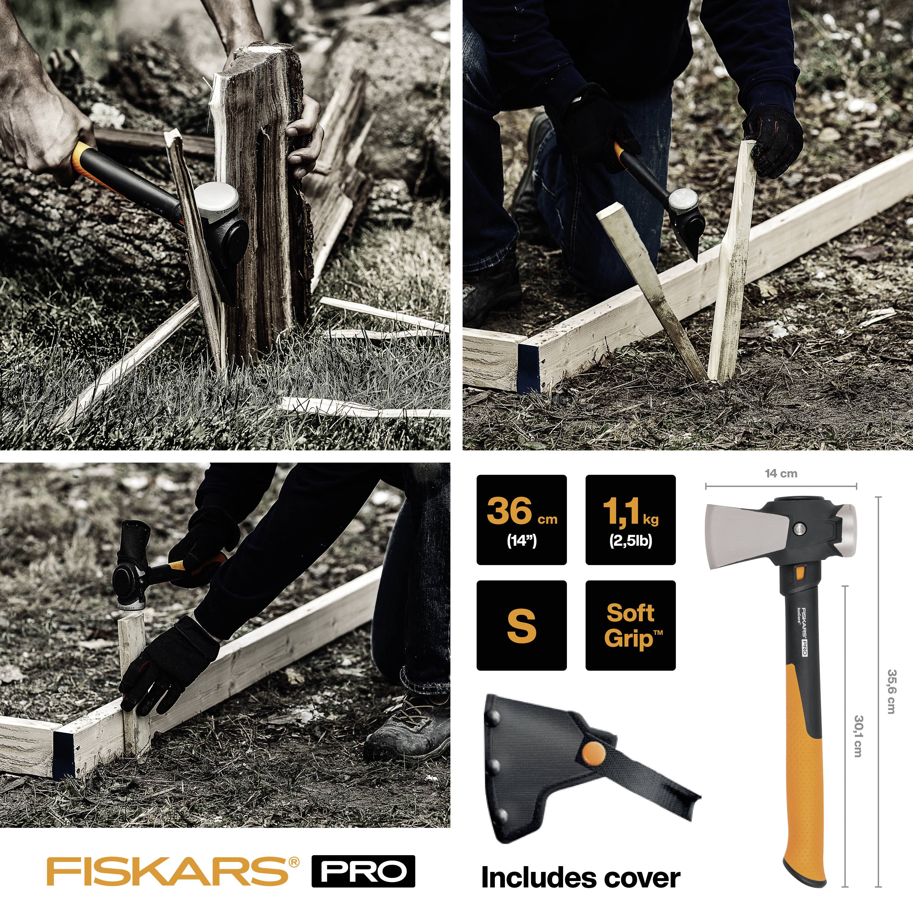 'FISKARS PRO' Marteau fendeur en mousse en action : fendre du bois, enfoncer des poteaux. Dimensions du produit : 36 cm de longueur, 1,1 kg de poids. Housse de protection incluse.