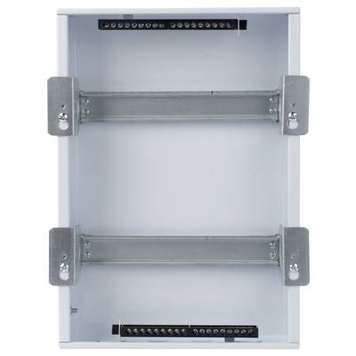 Un boîtier électrique métallique vide doté de supports de fixation et de barrettes de connexion positionnés en haut et en bas à l'intérieur.