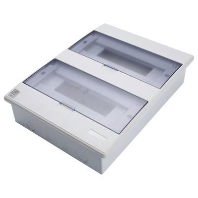 Un tableau électrique blanc avec deux couvercles transparents et des découpes circulaires sur le bord inférieur.