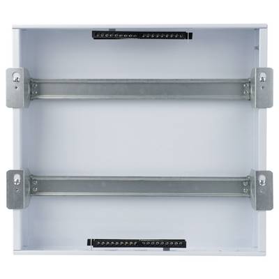 Un coffret électrique ouvert avec des rails métalliques et des borniers à l'intérieur, prêt pour l'installation de composants ou de câblage électrique.
