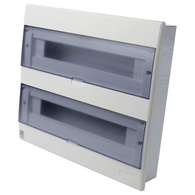 Boîte de distribution électrique à double niveau avec un cadre blanc et deux couvercles transparents gris, conçue pour loger des disjoncteurs.