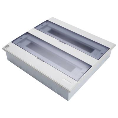 Un boîtier de jonction électrique blanc avec deux couvercles transparents bleus à charnières, utilisé pour loger et organiser les connexions électriques.