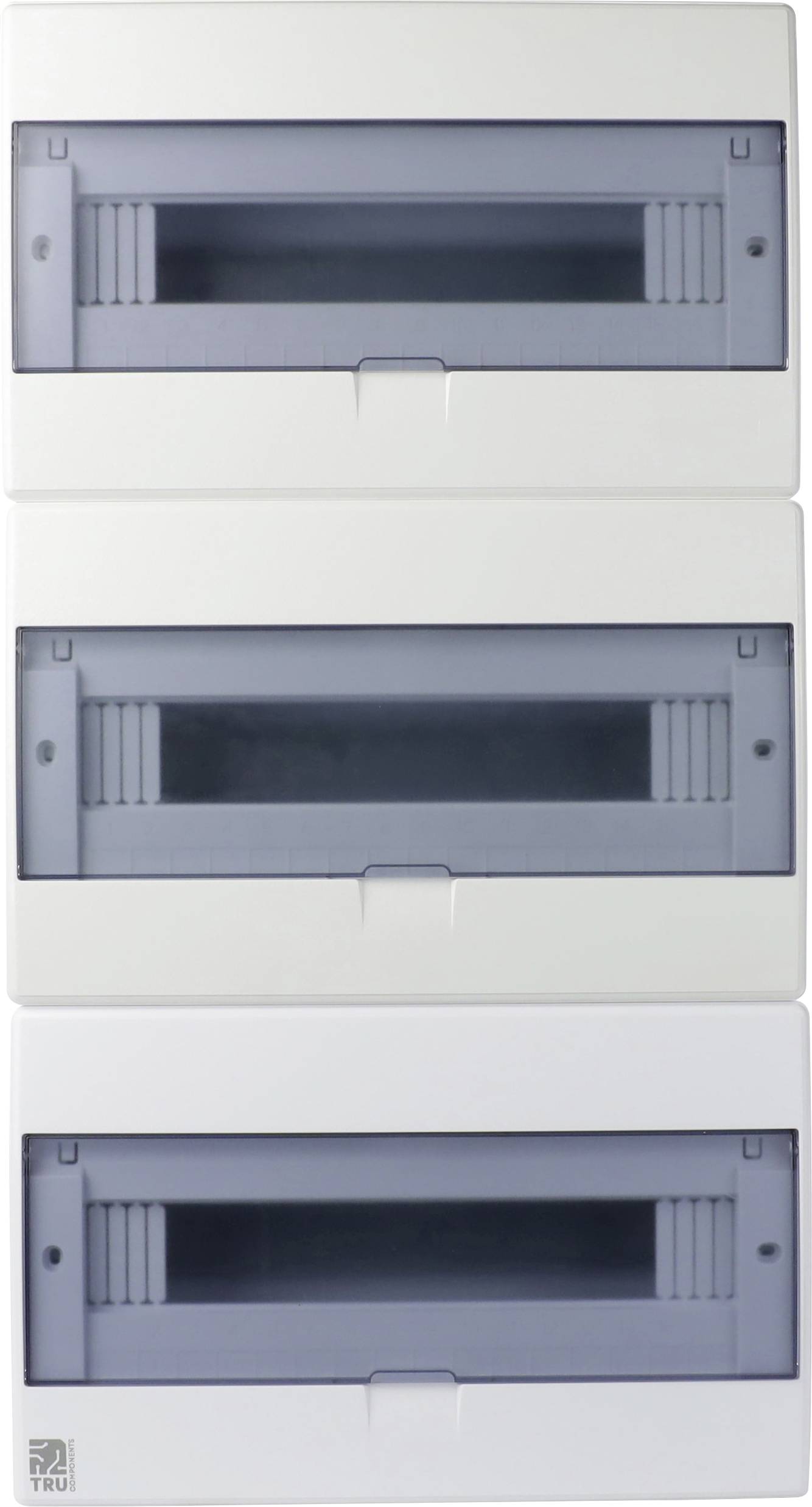 Tableau électrique de distribution à trois rangées, chacune ayant un couvercle transparent. Utilisé pour la protection des circuits dans les systèmes électriques.